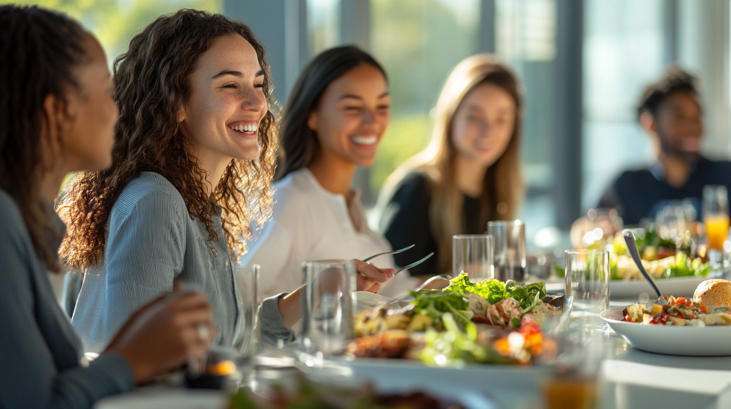 Happy office workers enjoying healthy meals in bright setting.