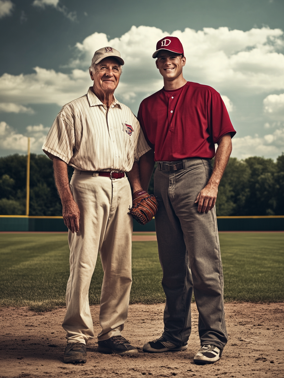 Happy older man and young baseball player