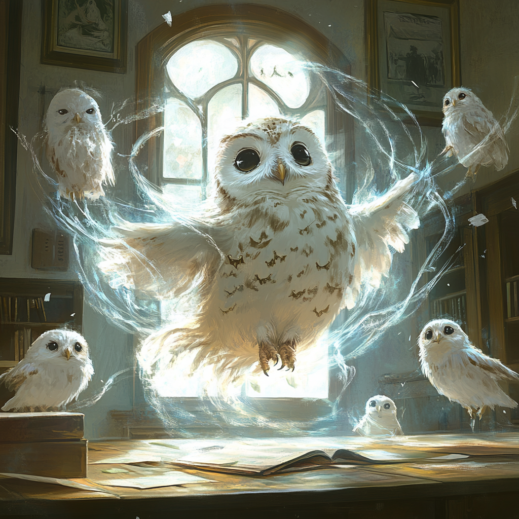 Happy owlin wizard casting big spell in classroom, ethereal owls floating.