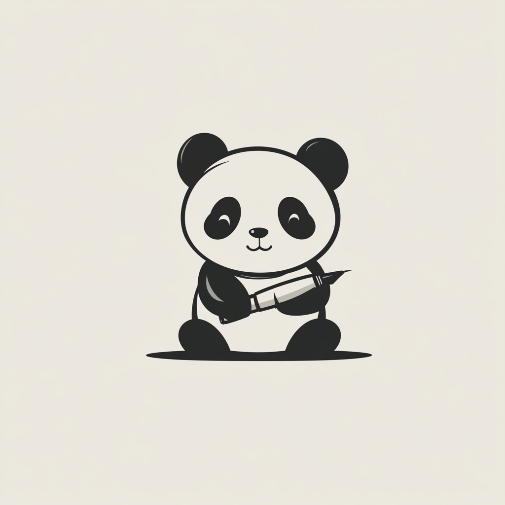 Happy panda logo with ink pen on color background.