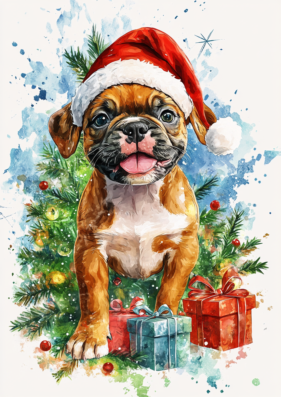 Happy puppies in Santa hats on Christmas card