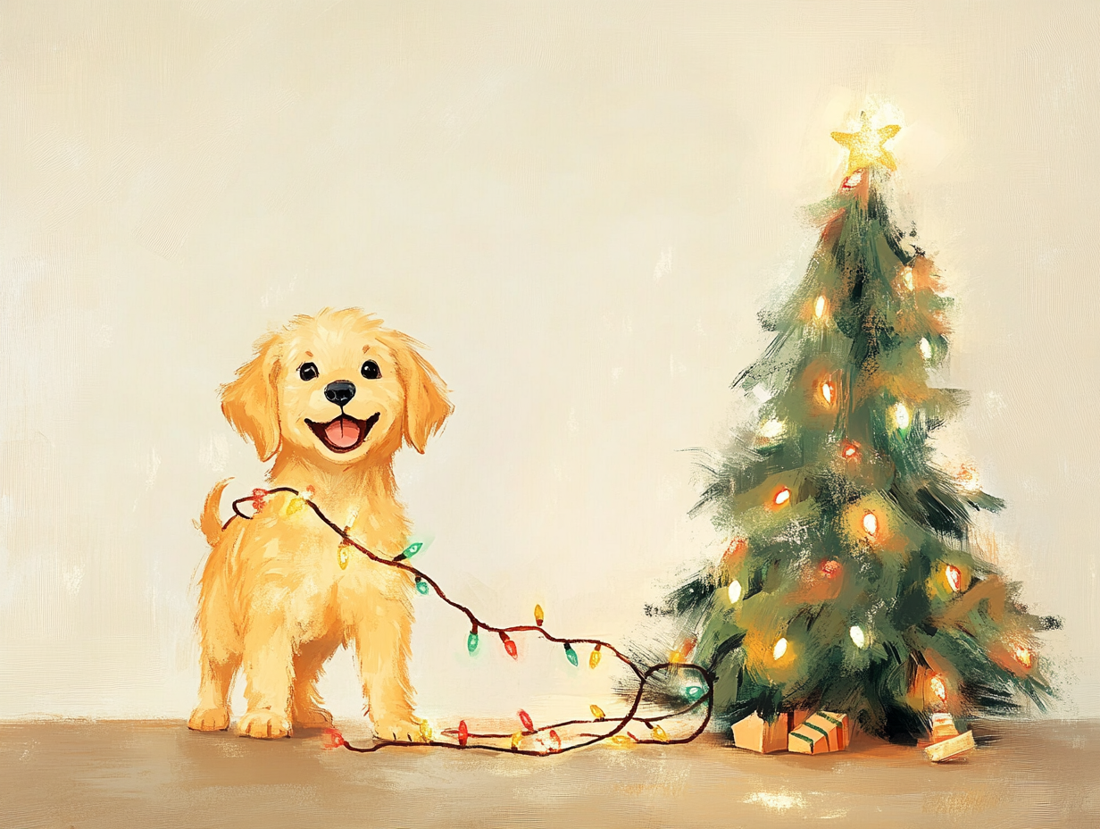 Happy puppy tangled in Christmas lights near fallen tree.