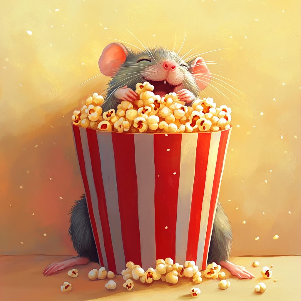 Happy rat napping next to empty popcorn cup.