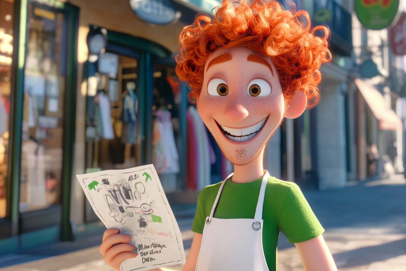 Happy red-haired cartoon character hands out flyers