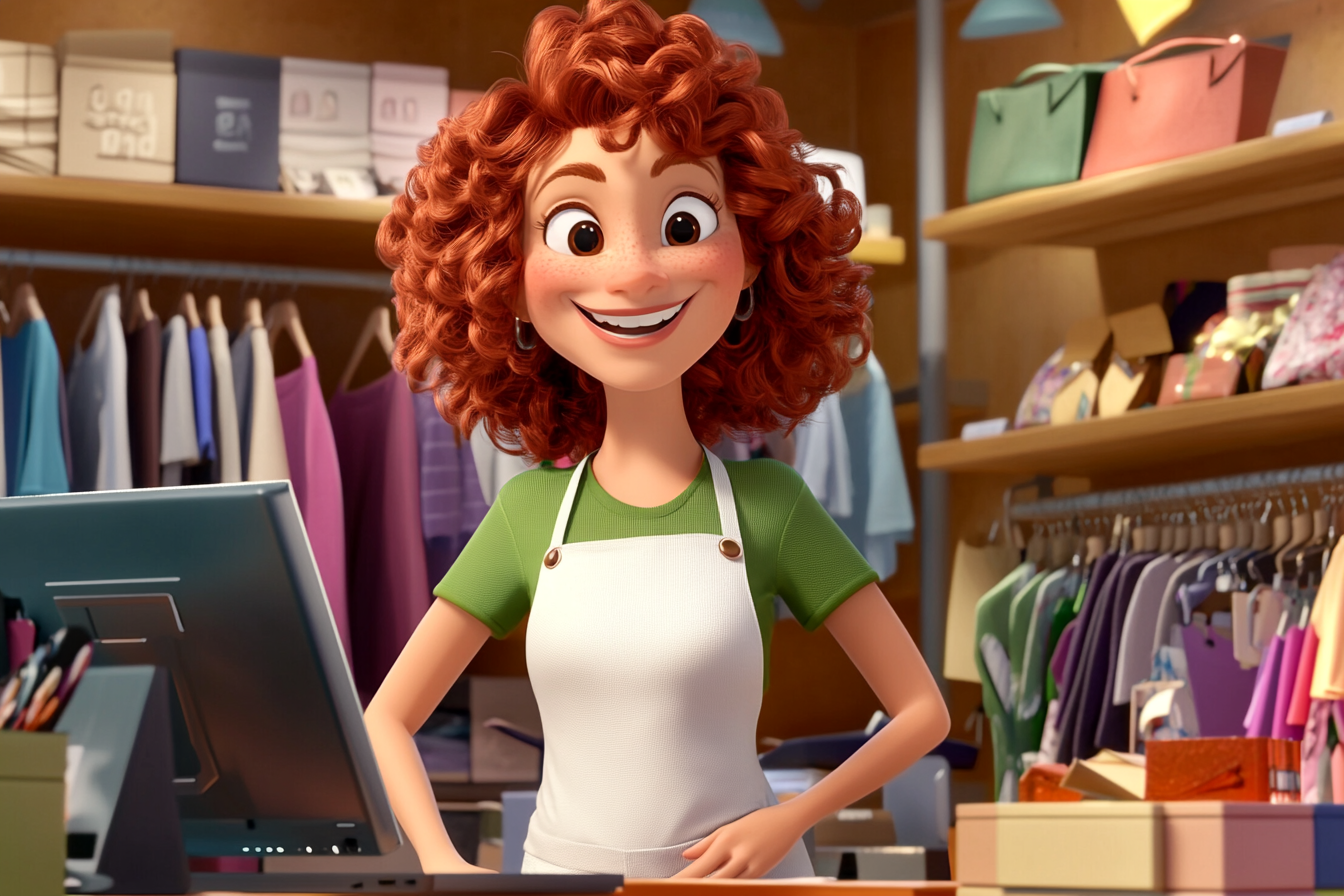 Happy red-haired cartoon clerk in clothing store