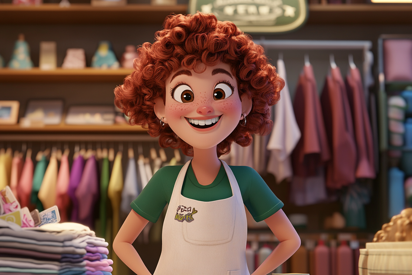 Happy red-haired cartoon lady in clothing store