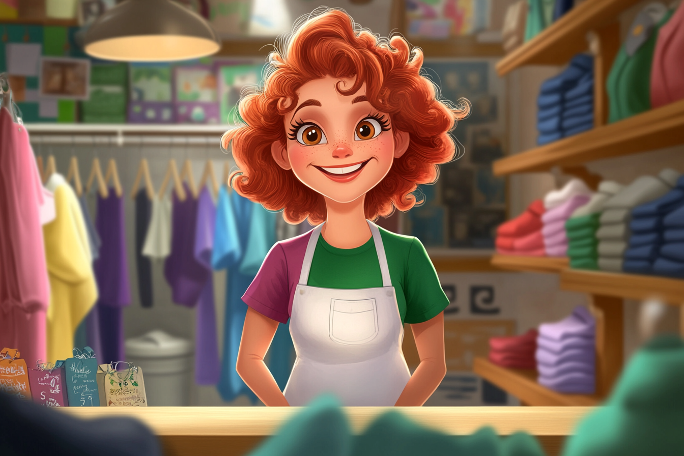 Happy red-haired shopkeeper with clothes and customers