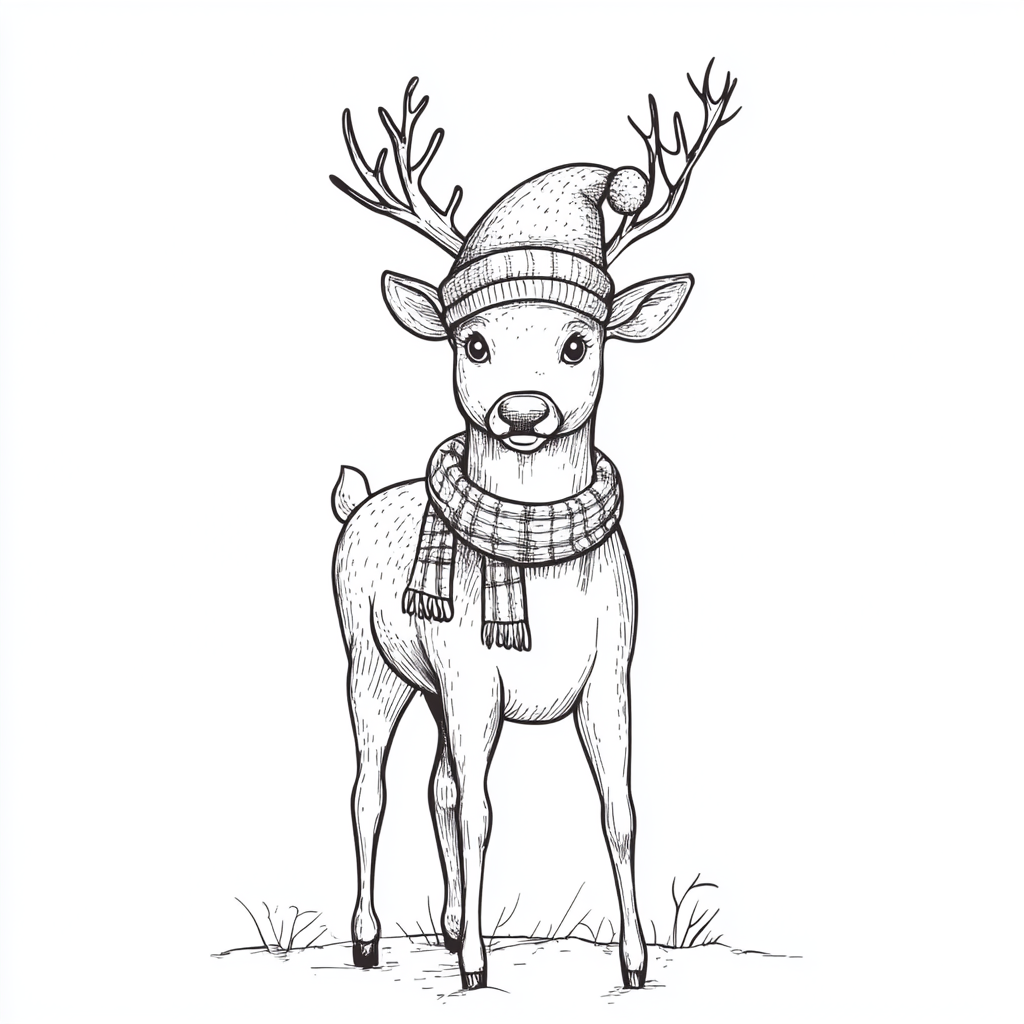 Happy reindeer in Christmas attire standing in field