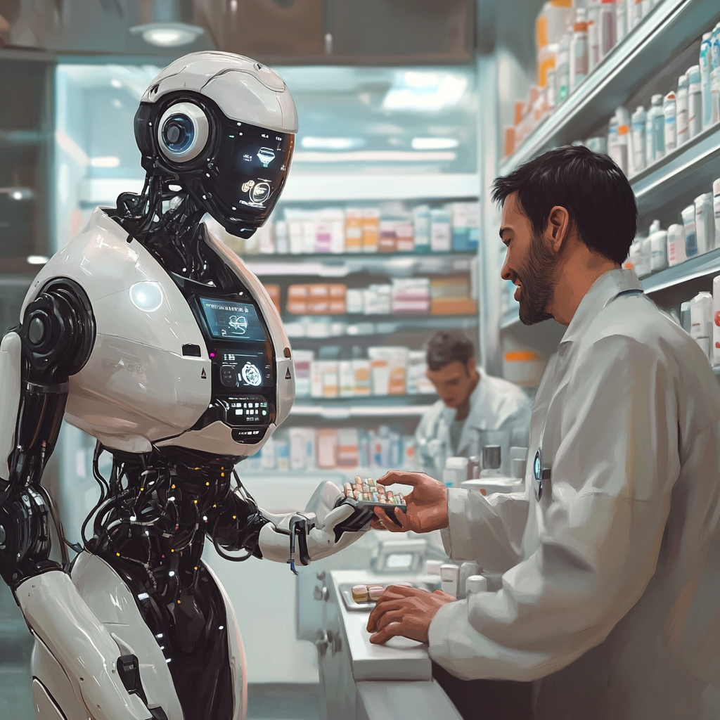 Happy robot and patient; stressed human pharmacist and furious patient.