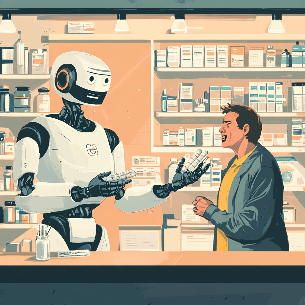 Happy robot pharmacist helping happy patient, unhappy human pharmacist.