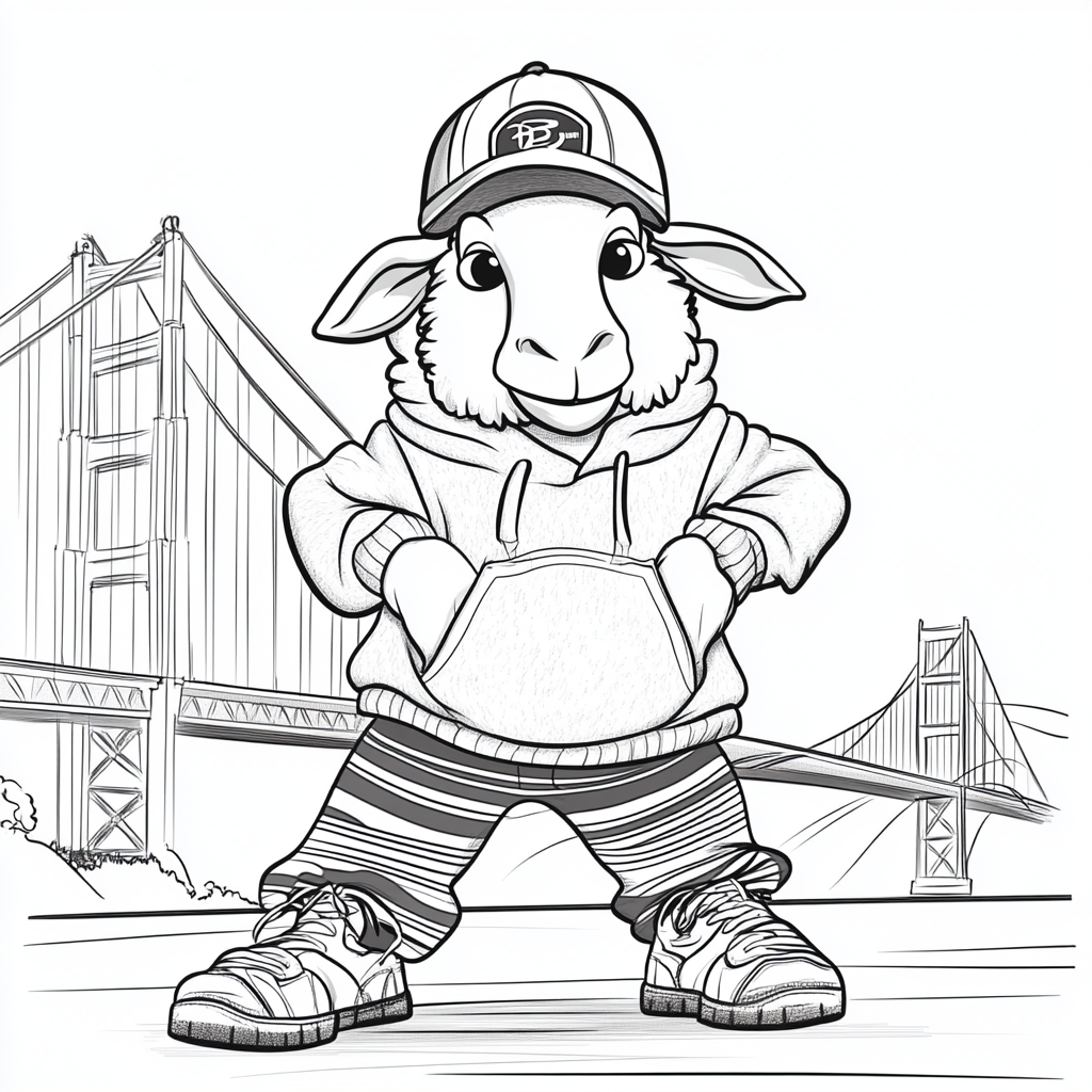 Happy sheep dressed as hip hop dancer, Golden Gate Bridge background