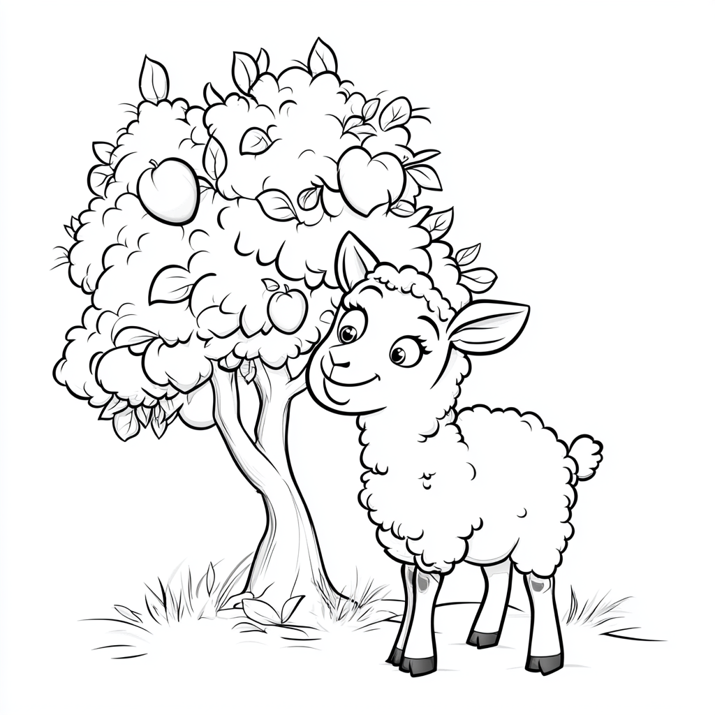 Happy sheep in Disney style, tree, black and white.