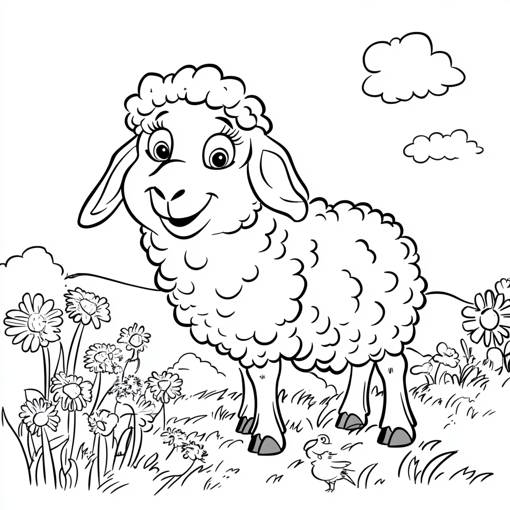 Happy sheep in garden with pepper wutz, ready to color.