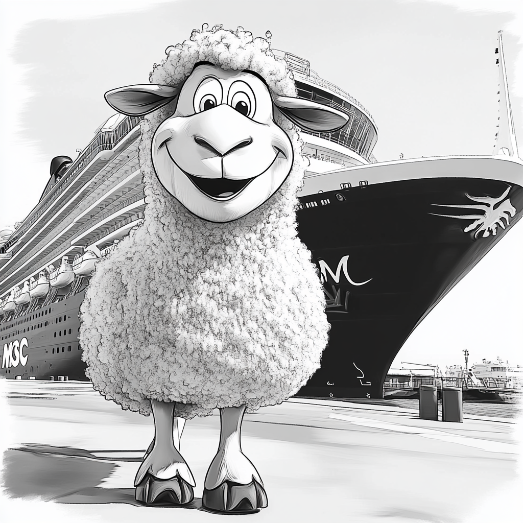 Happy sheep mascot in front of MSC ship.