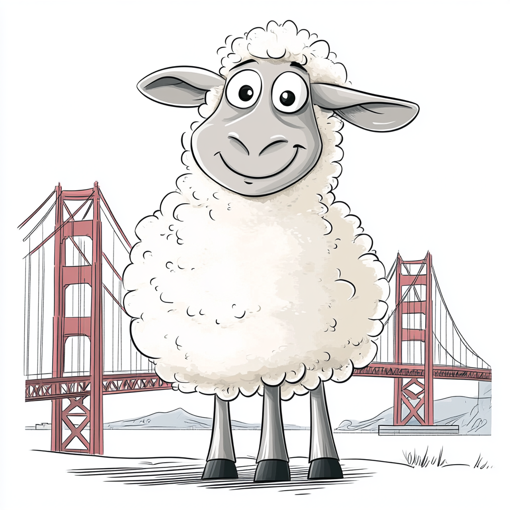 Happy sheep standing in front of Golden Gate Bridge.