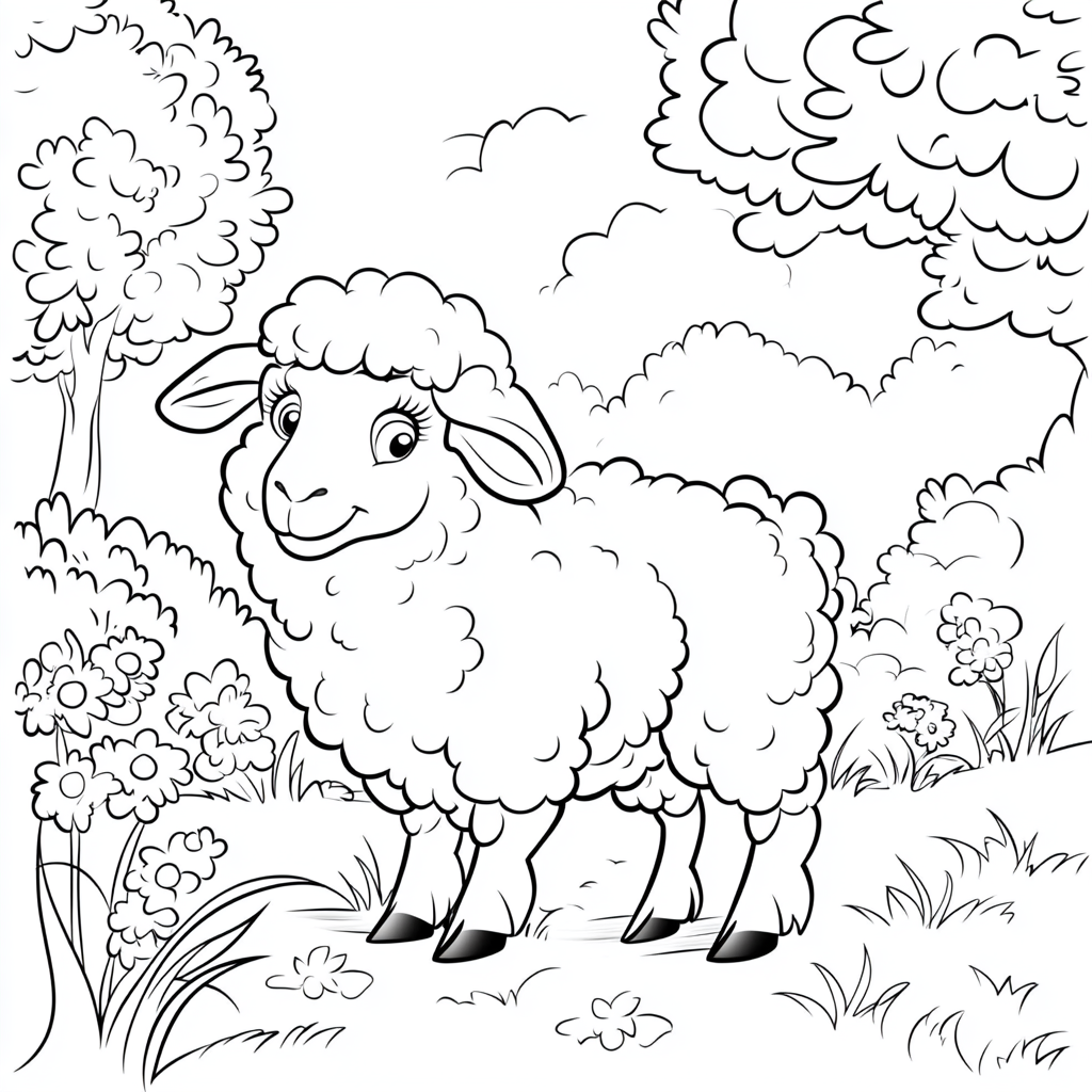 Happy sheep standing in garden, looking at camera in Disney cartoon style.