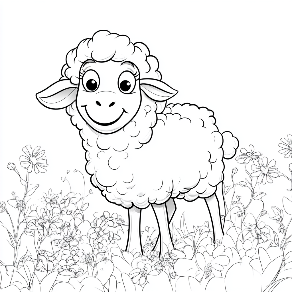 Happy sheep standing in garden for coloring illustration.