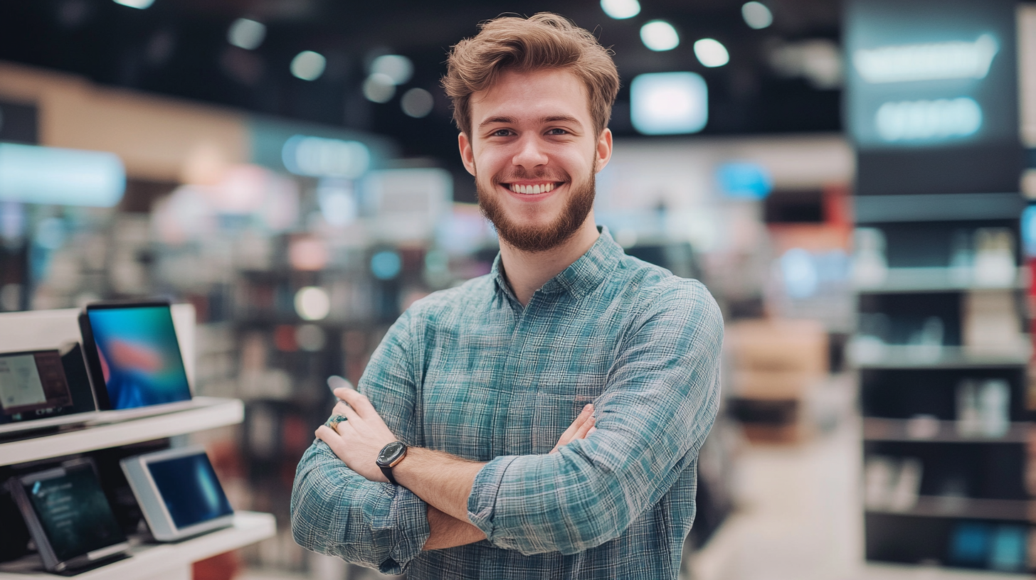 Happy small business owner in tech store. Advertising photo.