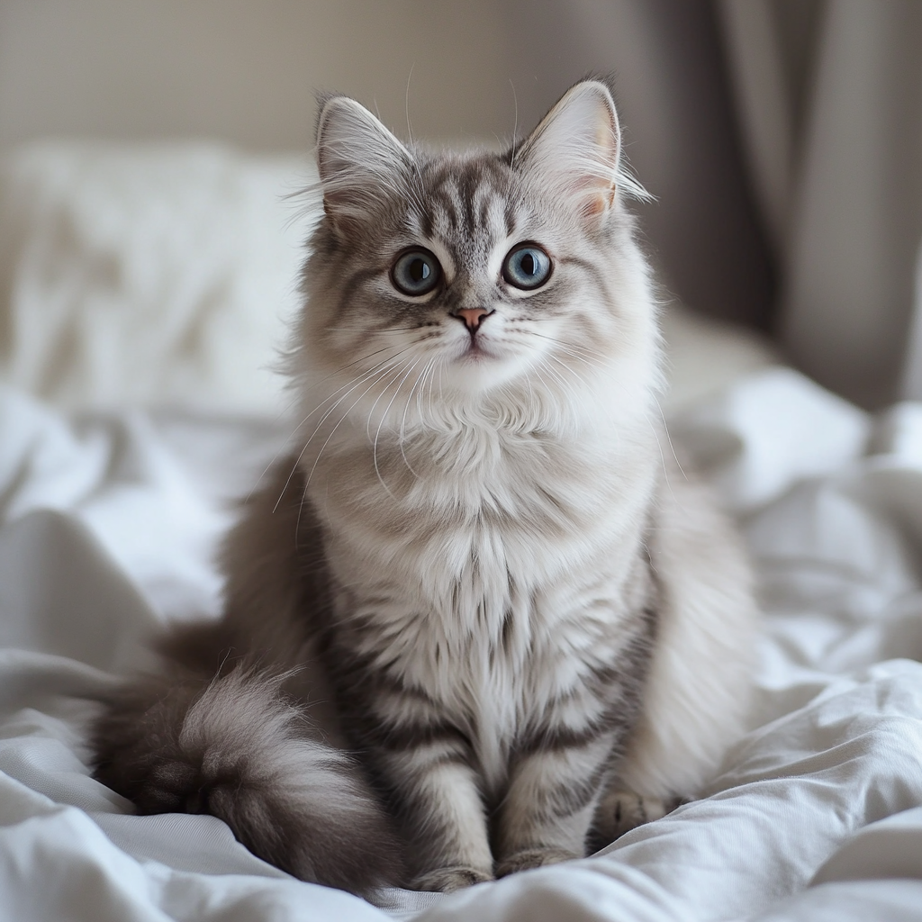 Happy smiling cat with big eyes sitting on bed.