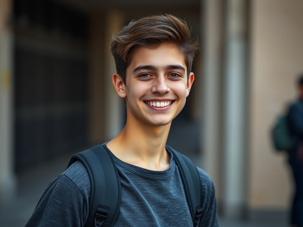 Happy student with backpack holding Sony A7III camera.