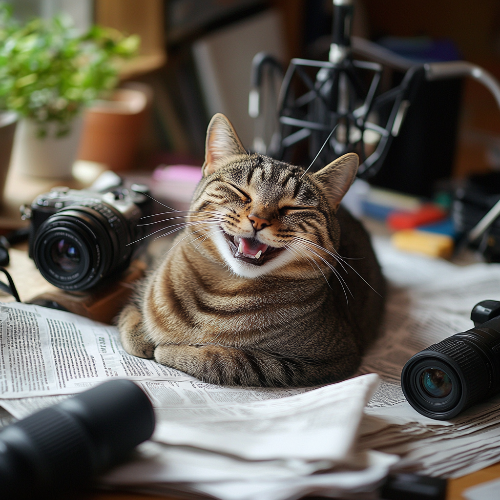 Happy tabby cat on journalist's desktop with equipment and tools