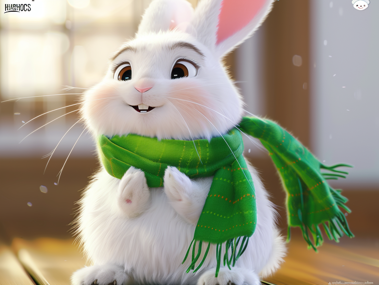 Happy white rabbit in green scarf with friends at home.