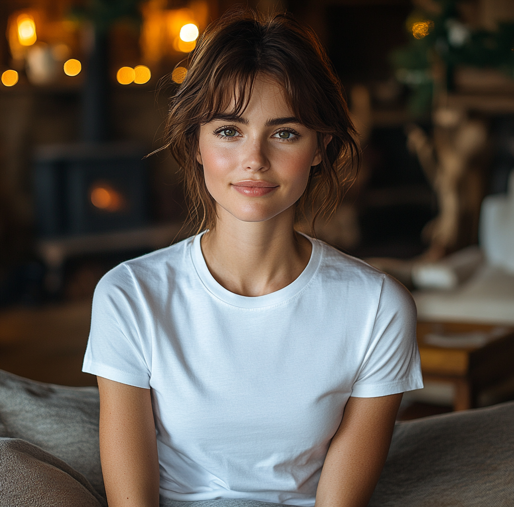 Happy woman in white shirt sitting in Christmas living room.