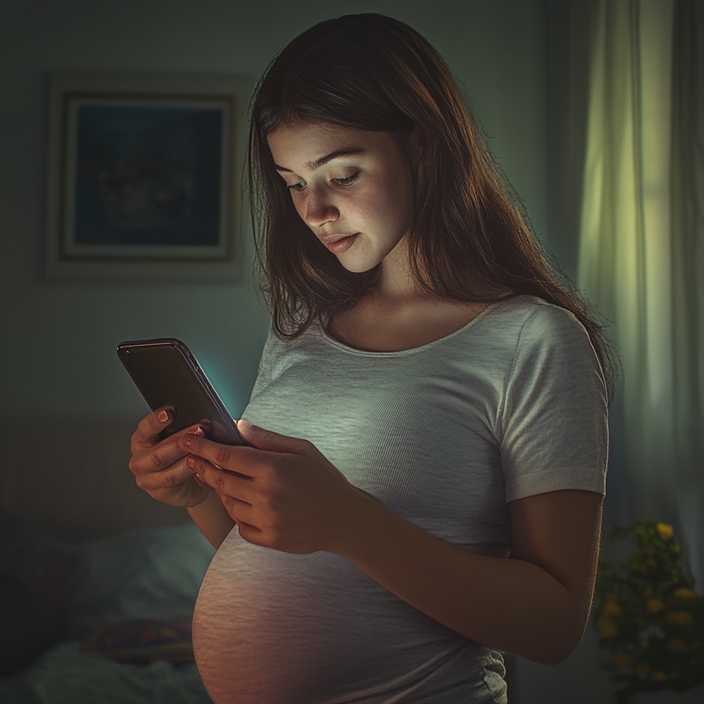 Happy woman sees pregnant reflection on smartphone screen.