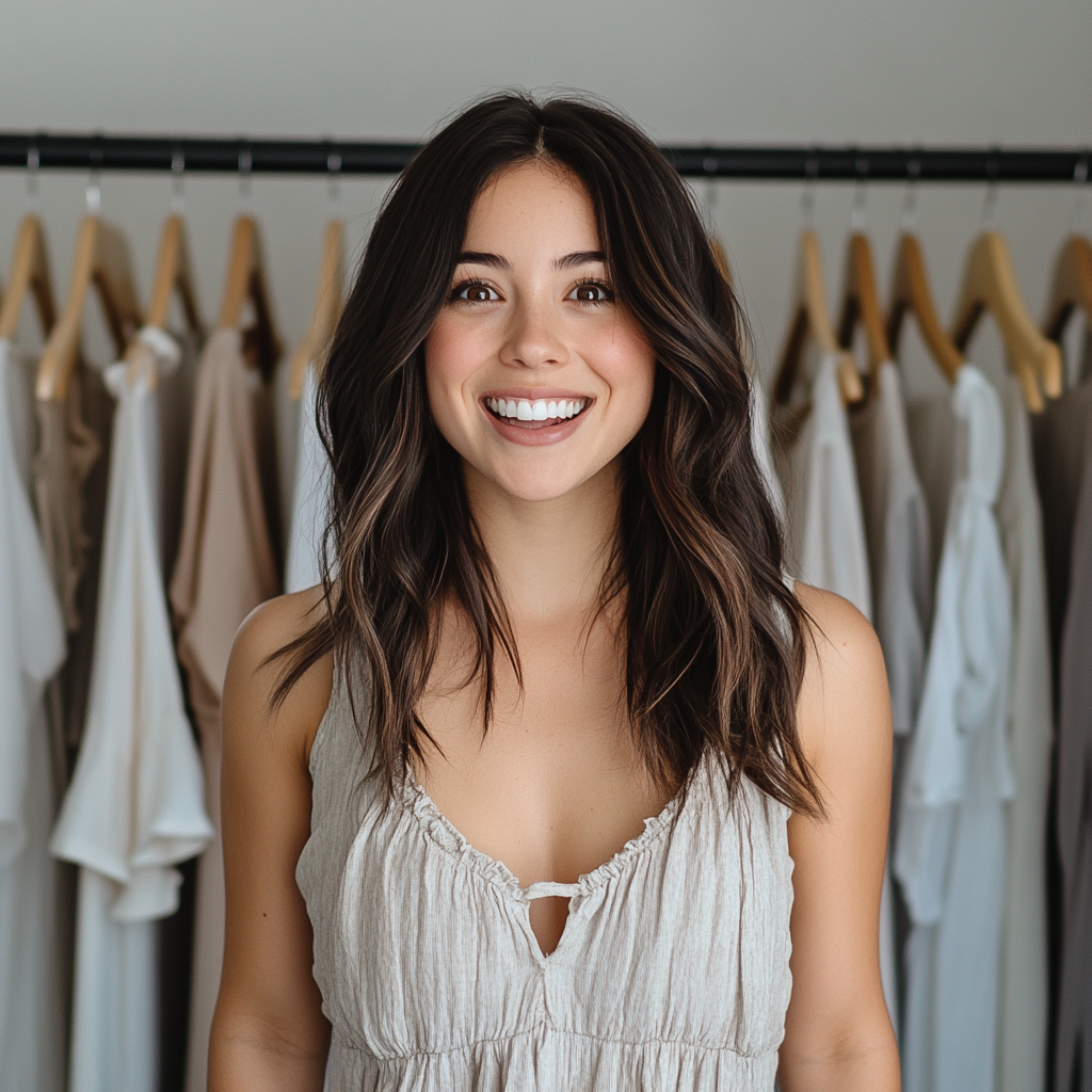 Happy woman standing by clothes, looking surprised