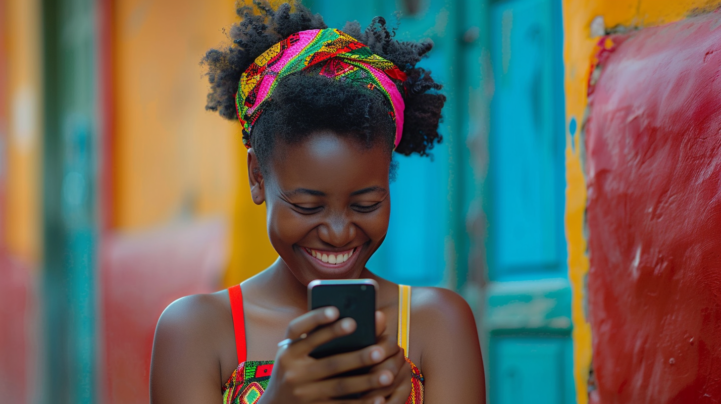 Happy young Afro-African men and women on cell phone.