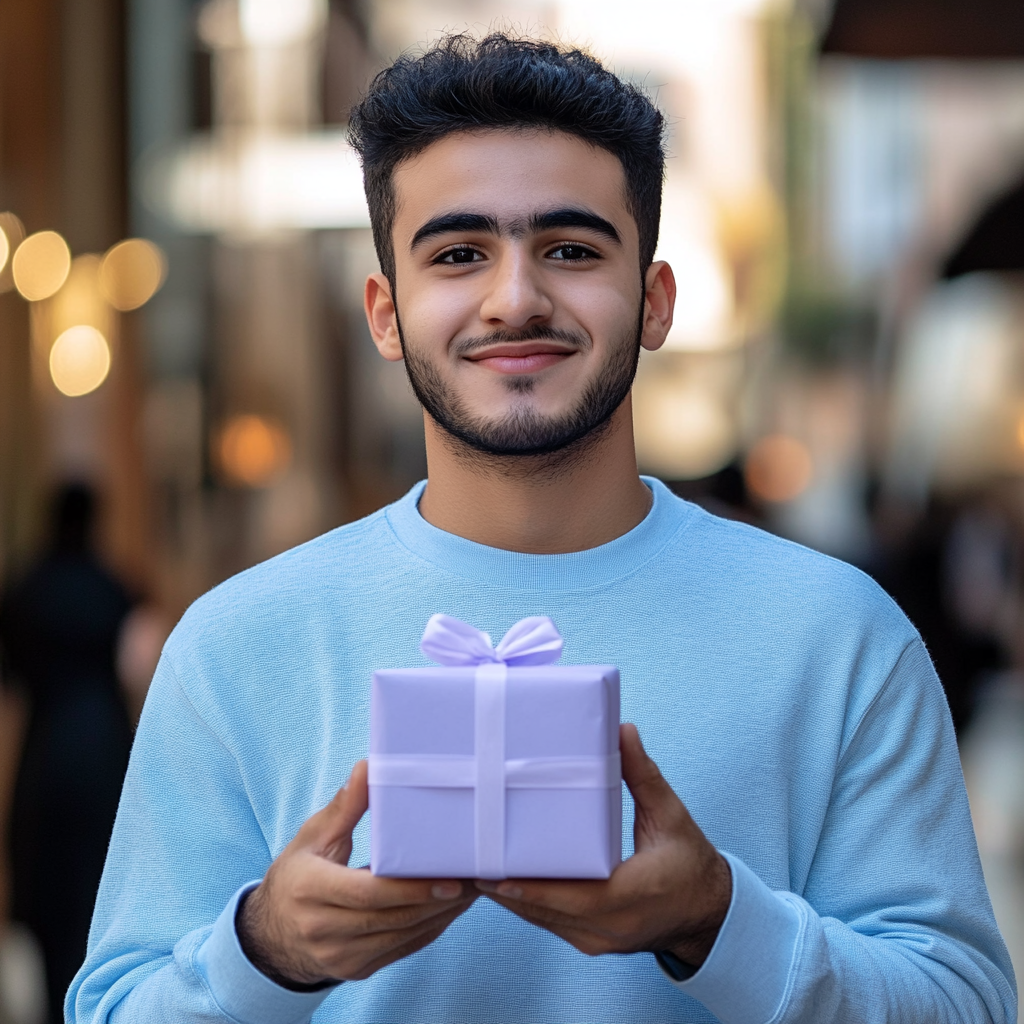 Happy young Arab man raising mystery gift