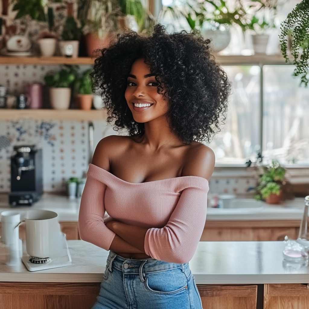 Happy young black woman with laptop and coffee mug.