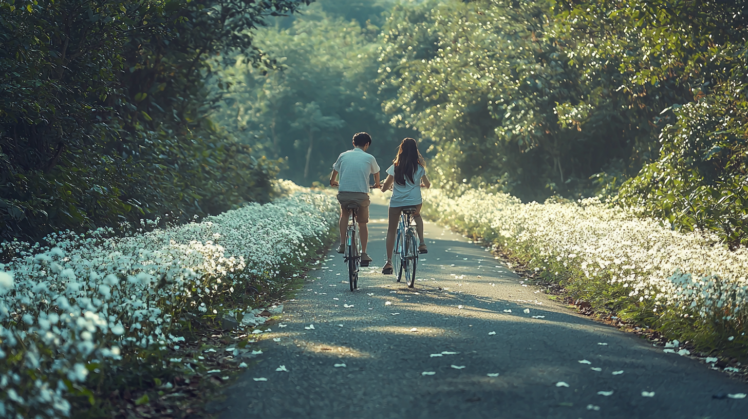 Happy young couple biking through lush forest with white flowers.