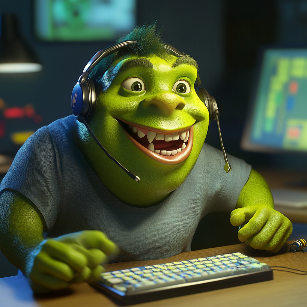 Happy young green orc working call center 3D render