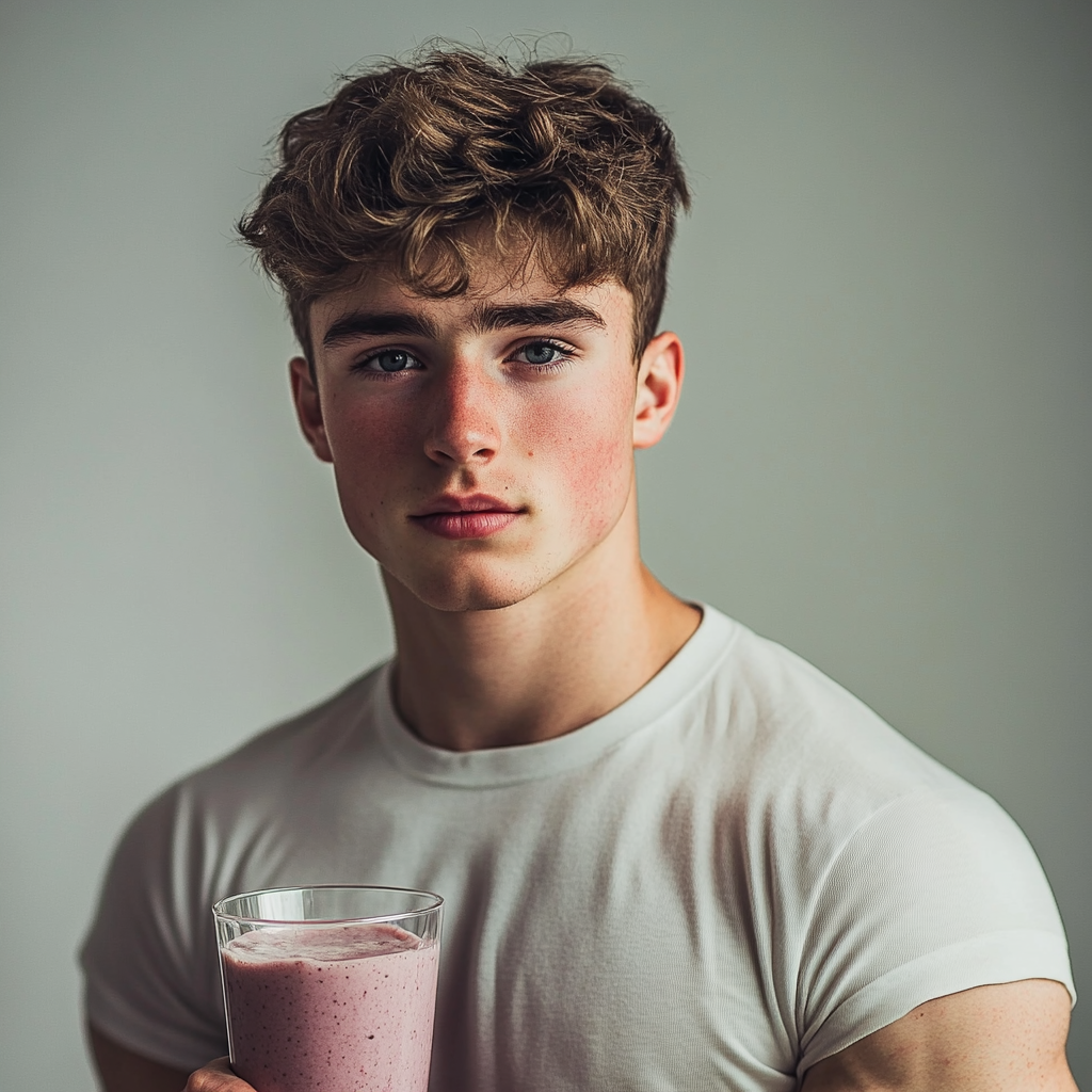 Happy young person with smoothie in kitchen