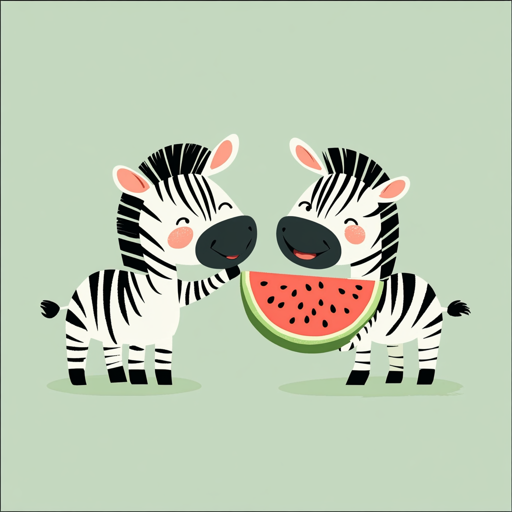 Happy zebra holding watermelon, cartoon style, cute design.