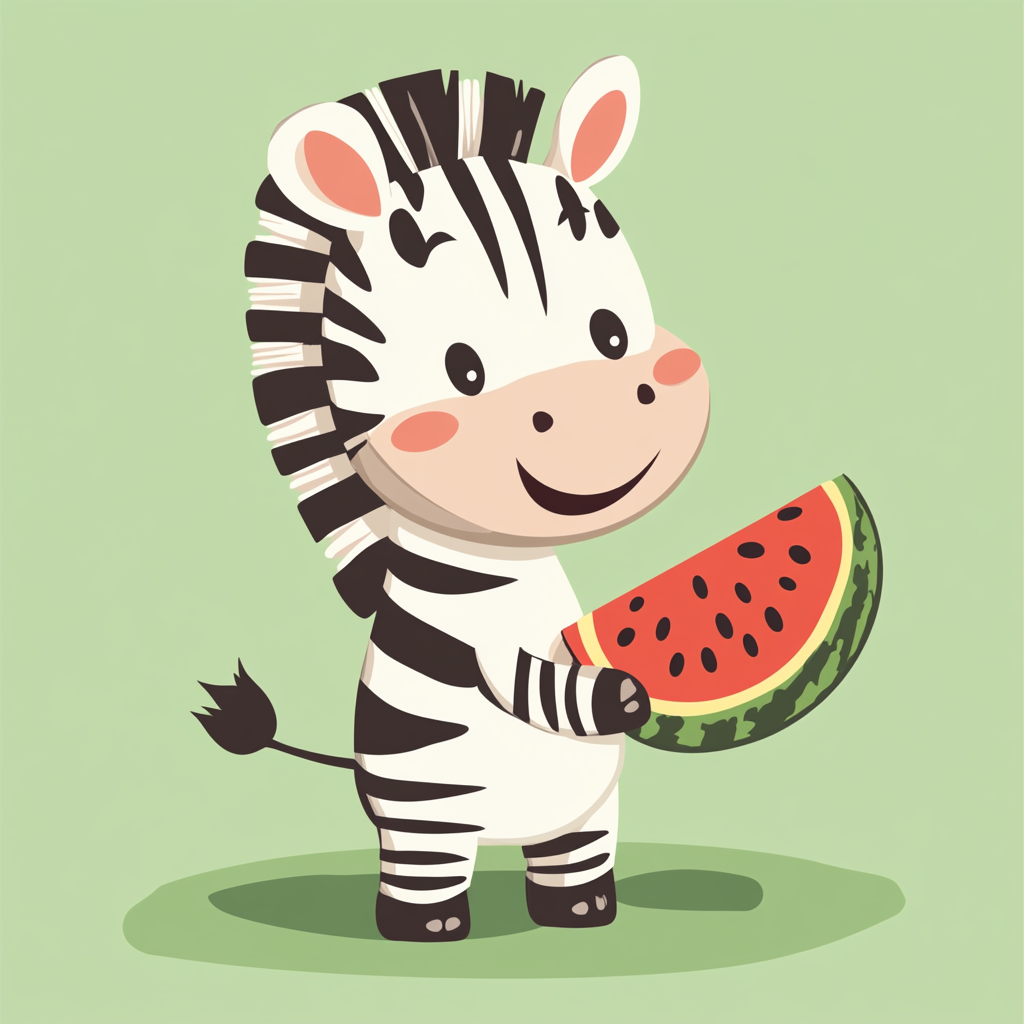 Happy zebra holding watermelon in cartoon style illustration.