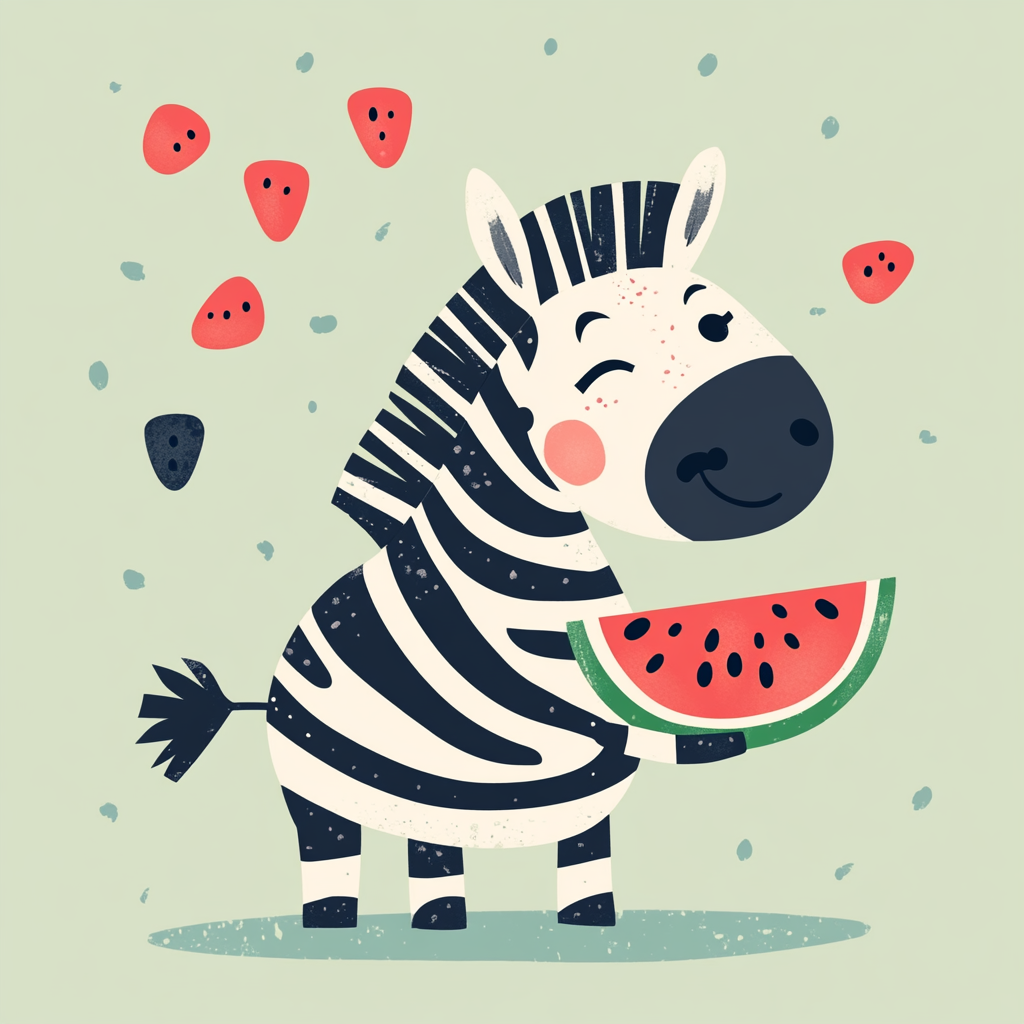 Happy zebra with watermelon on green background - vector illustration.