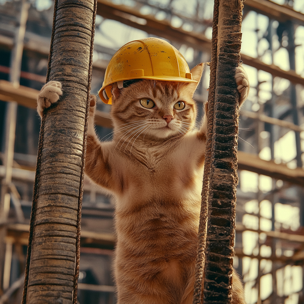 Hardworking cat on construction site with safety helmet