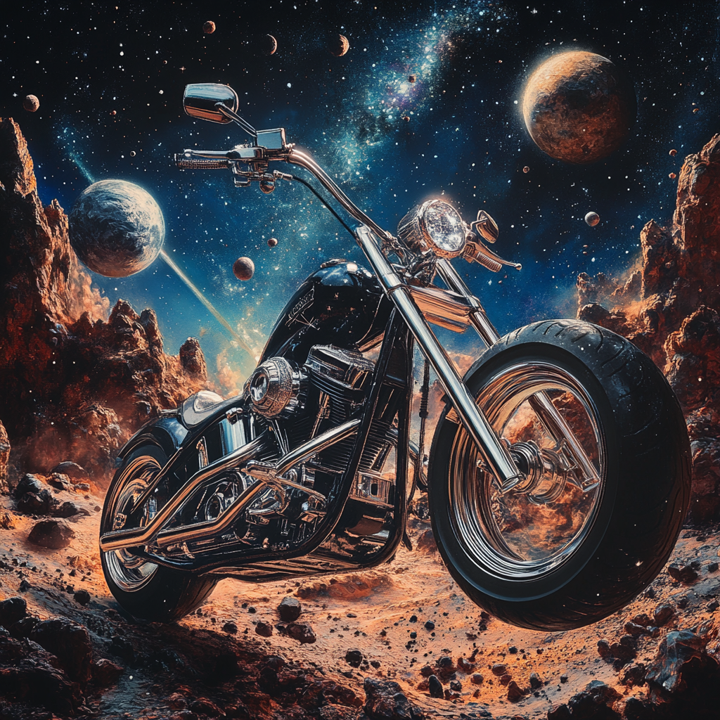 Harley Davidson Chopper in Space with Meteors