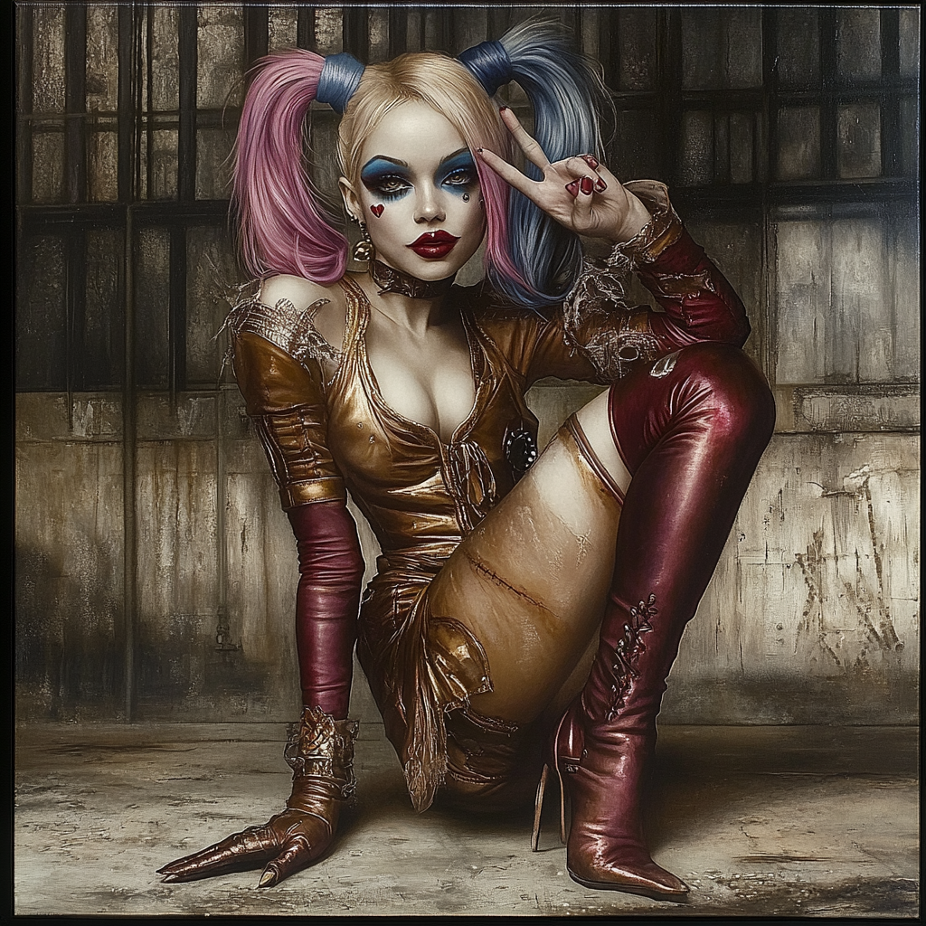 Harley Quinn Peace Sign Pose in Abandoned Warehouse