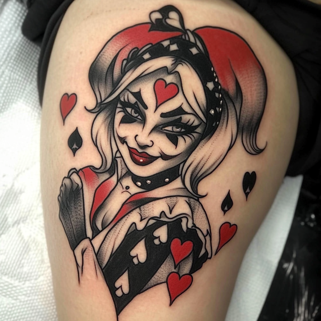 Harley Quinn tattoo design in black and grey.