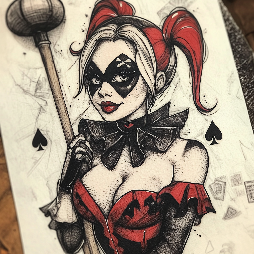 Harley Quinn tattoo design with playful expression and detailed shading.