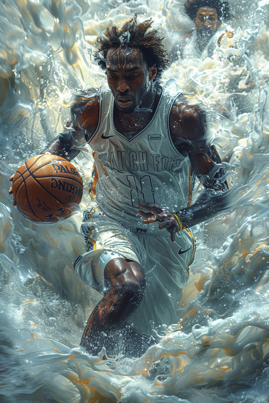 Harmonious Basketball Player Surrounded by Water and Wind