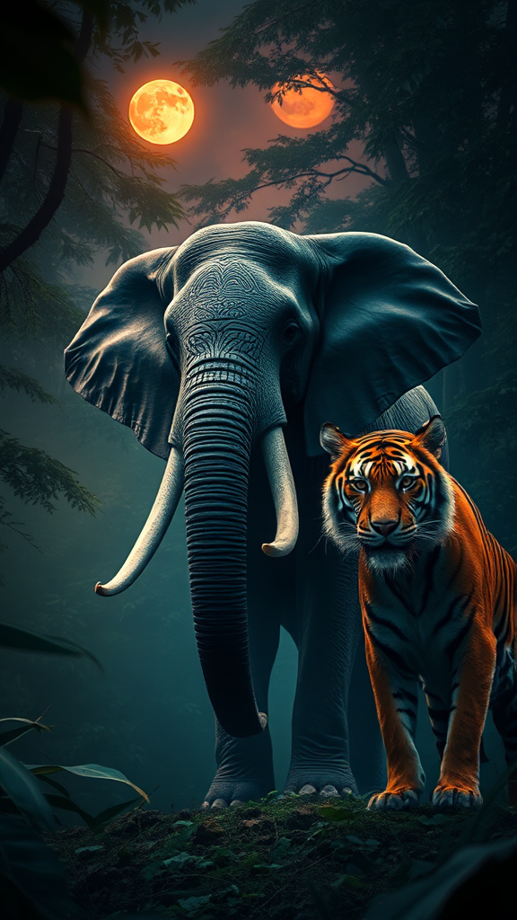 Harmonious Elephant and Tiger in Twilight Jungle