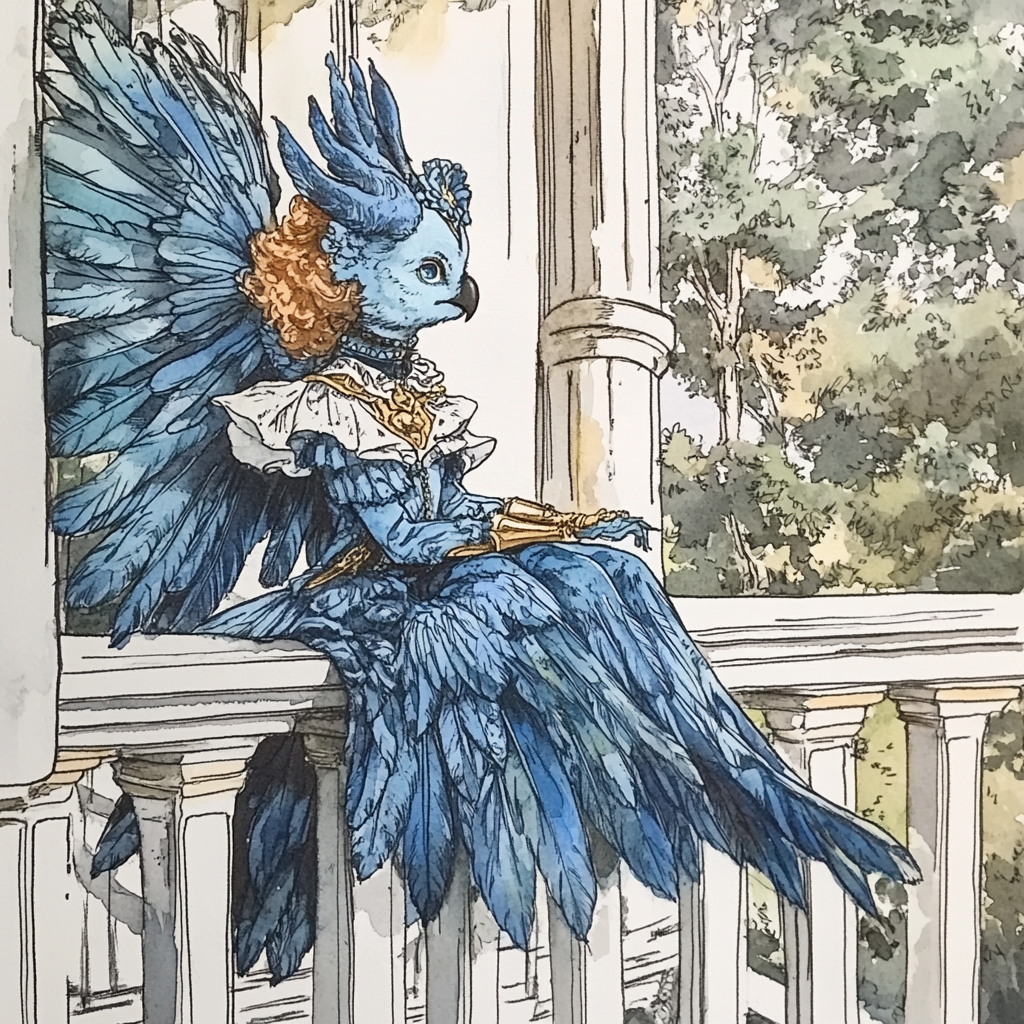 Harpy Girl Watercolor Drawing Southern Belle Plantation Porch