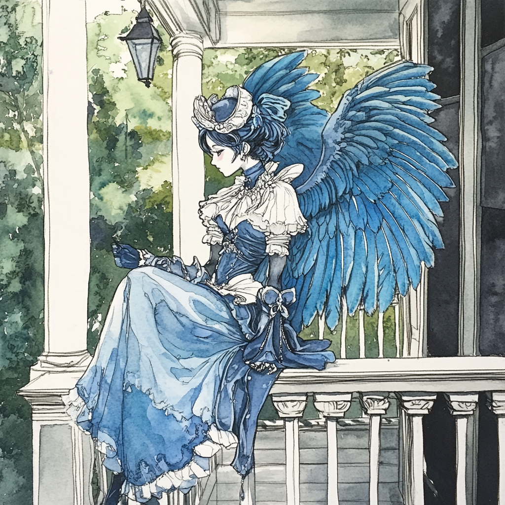 Harpy Girl Watercolor Drawing Southern Belle Porch Plantation