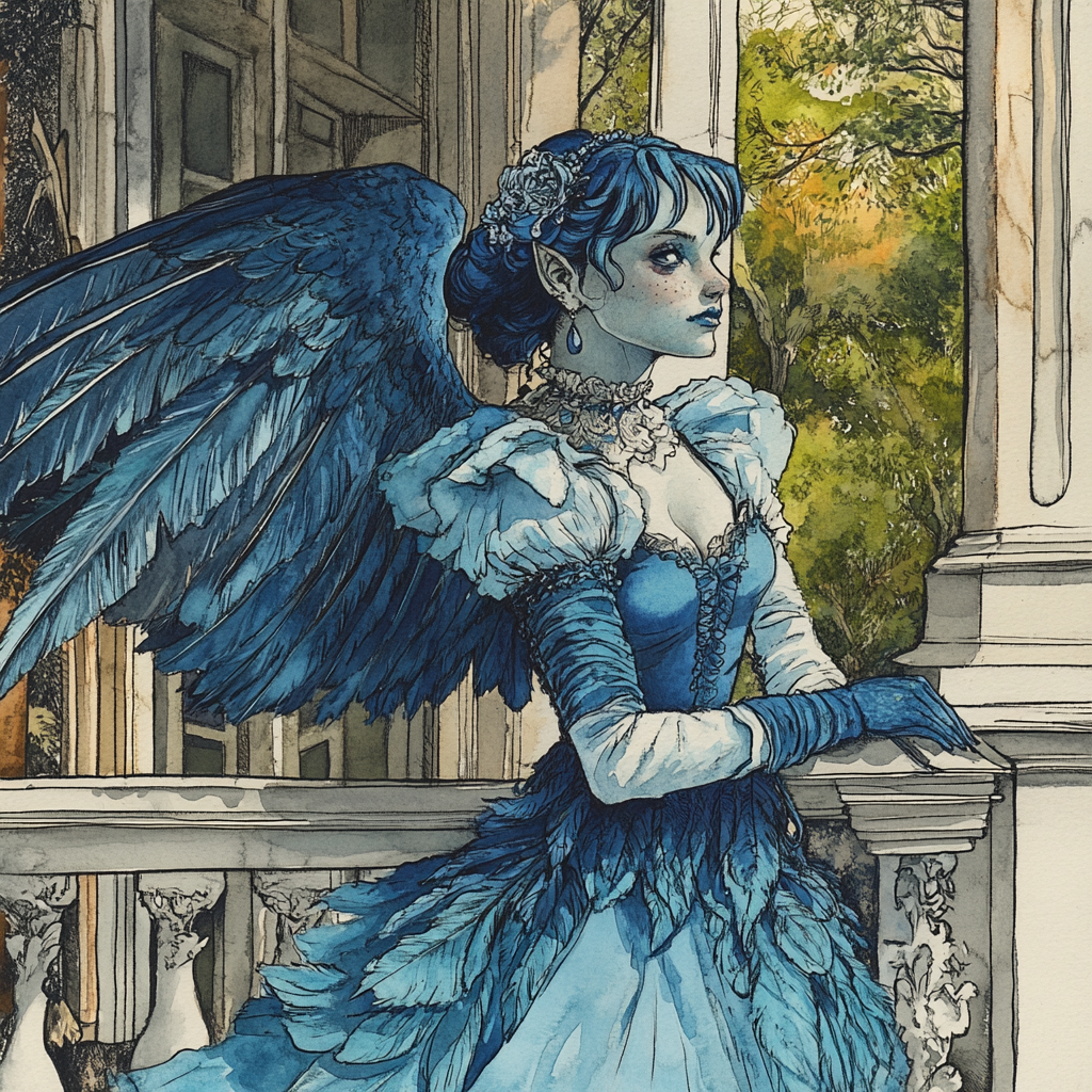 Harpy girl in Southern belle attire on plantation porch