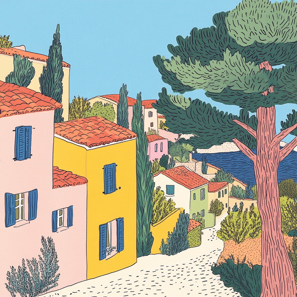 Harriet Lee-Merrion's minimalist line drawing of Provencal village.