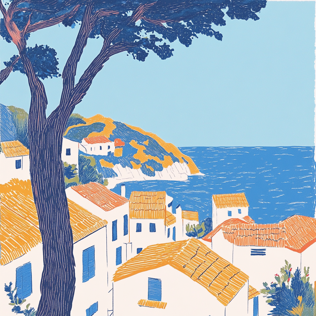 Harriet Lee-Merrion's minimalist risograph print of Provencal village.